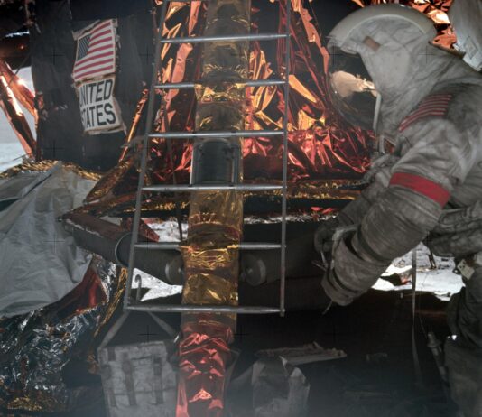 NASA Studies Moon Dust for Air Pollution Solutions An Apollo astronaut preparing to climb the ladder into the lunar module