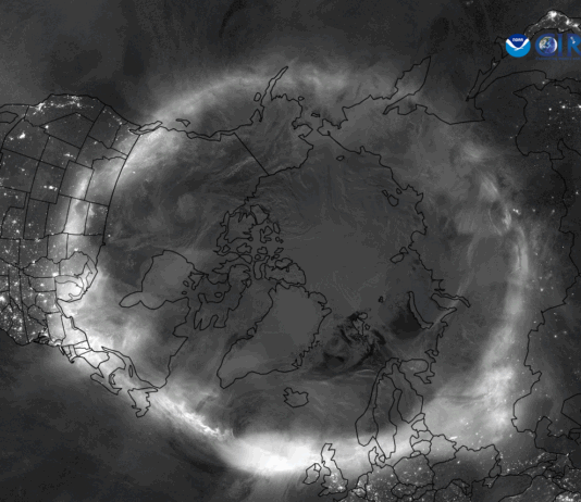 NASA Science Spotlight: Helio Updates for May 2025 A grayscale top-down image of the North Pole showing the glowing band of the Northern Lights circling the Earth