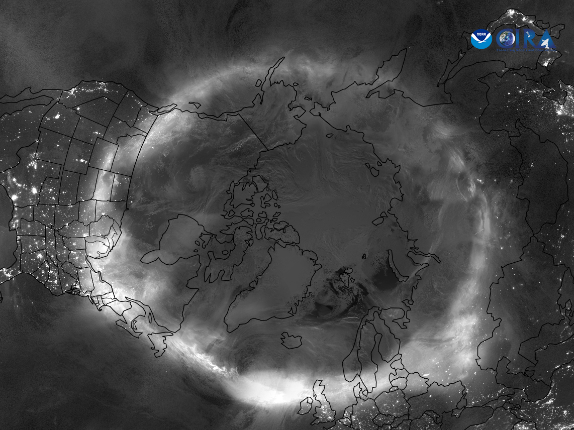 aurora20borealis20may202024.png A grayscale top-down image of the North Pole showing the glowing band of the Northern Lights circling the Earth