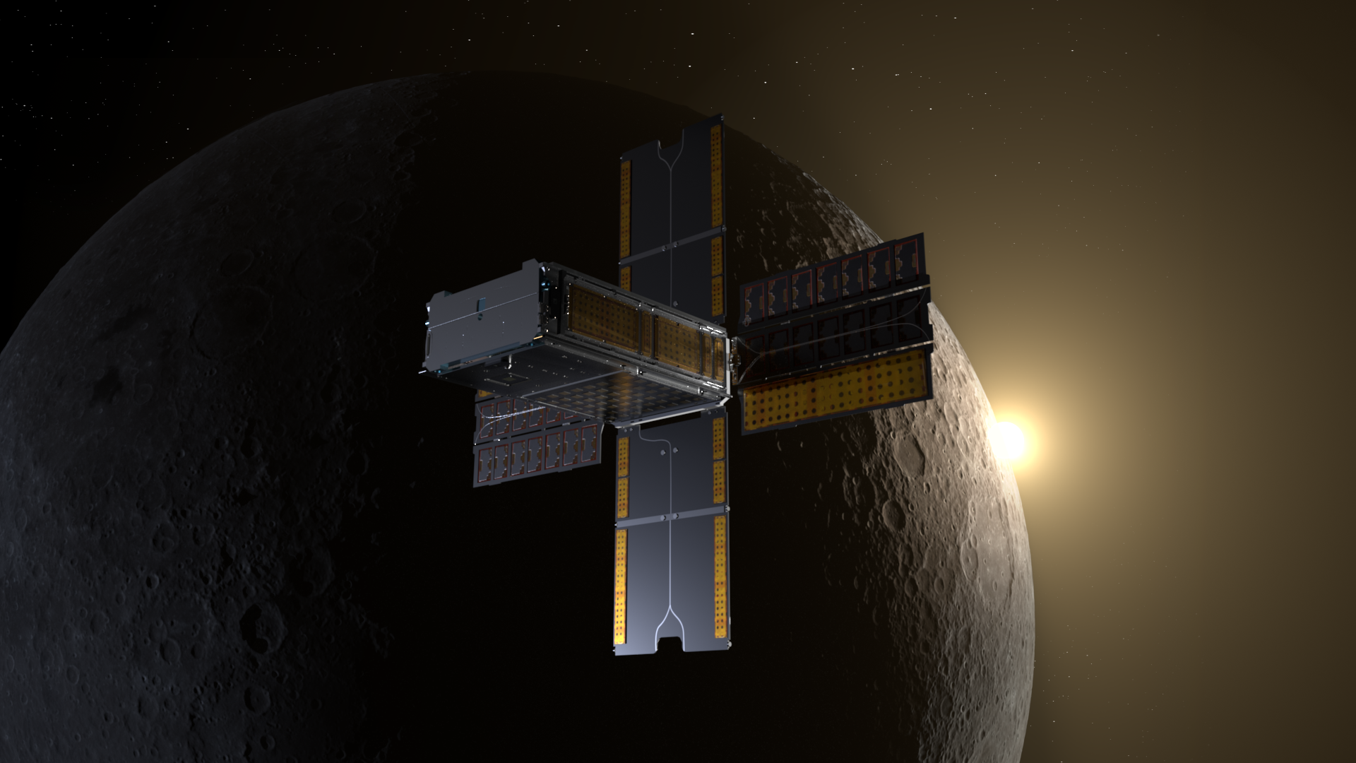 Illustration of the BioSentinel spacecraft, flying past the Moon with the CubeSat