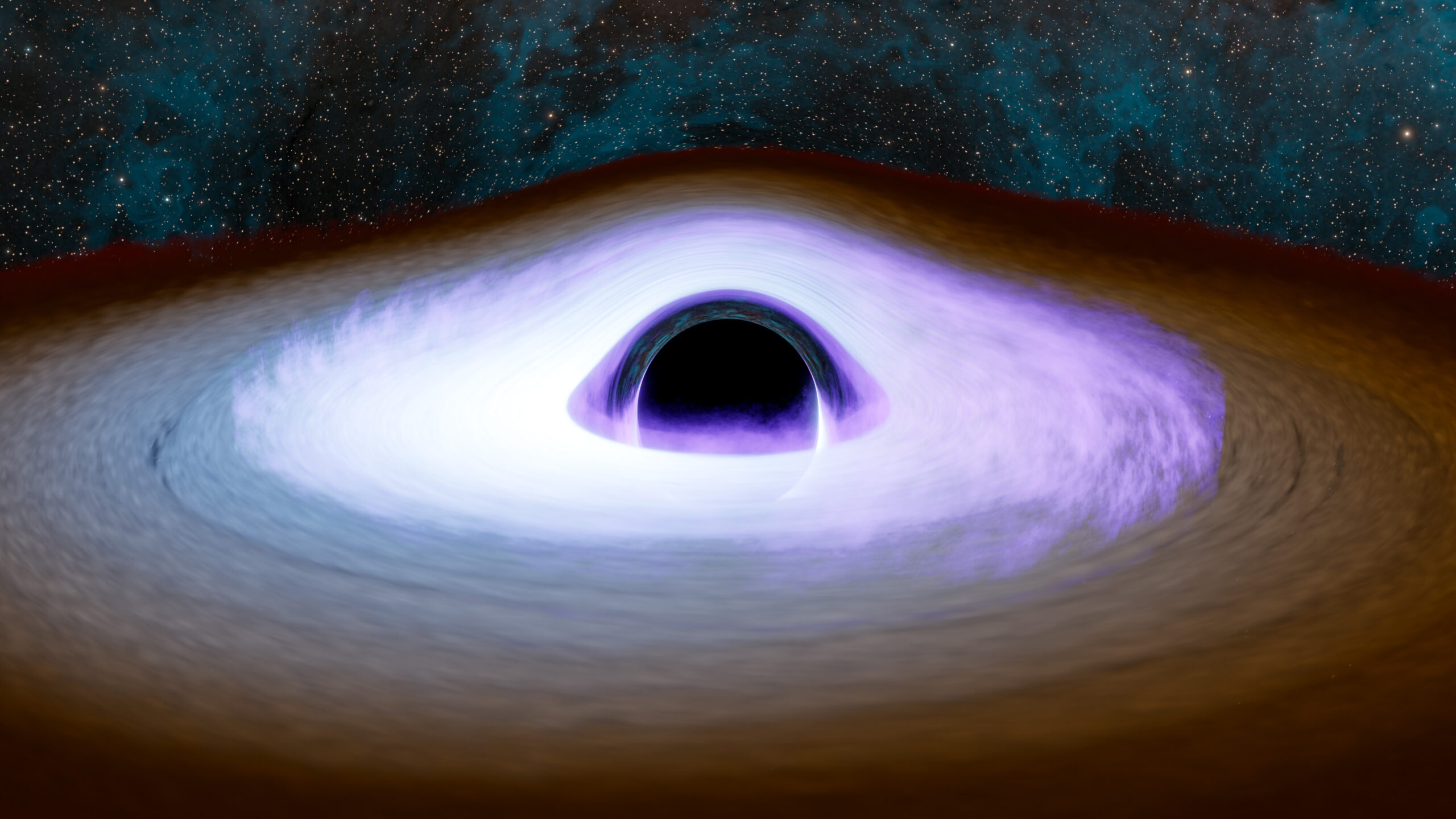 An illustration of a black hole with a dark circle surrounded by light discs.