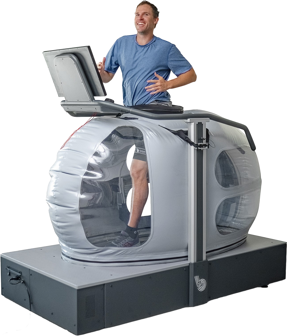 boost 3 web.png A man runs on a high tech treadmill, a large bubble-like structure surrounds his lower body
