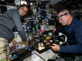 NASA Astronauts to Talk About Mission Live from Space Station NASA astronauts Butch Wilmore and Suni Williams prepare orbital hardware for installation inside the International Space Station.