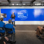 NASA Officials to Address Space-Based Cancer Research Advancements NASA Administrator Bill Nelson delivers remarks to an audience that includes NASA astronauts during an event with Department of Health and Human Services Secretary Xavier Becerra to highlight how the agencies are making progress toward President Joe Biden and First Lady Jill Biden’s Cancer Moonshot initiative, March 21, 2024, in the Earth Information Center at the Mary W. Jackson NASA Headquarters building in Washington.