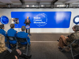 NASA Officials to Address Space-Based Cancer Research Advancements NASA Administrator Bill Nelson delivers remarks to an audience that includes NASA astronauts during an event with Department of Health and Human Services Secretary Xavier Becerra to highlight how the agencies are making progress toward President Joe Biden and First Lady Jill Biden’s Cancer Moonshot initiative, March 21, 2024, in the Earth Information Center at the Mary W. Jackson NASA Headquarters building in Washington.