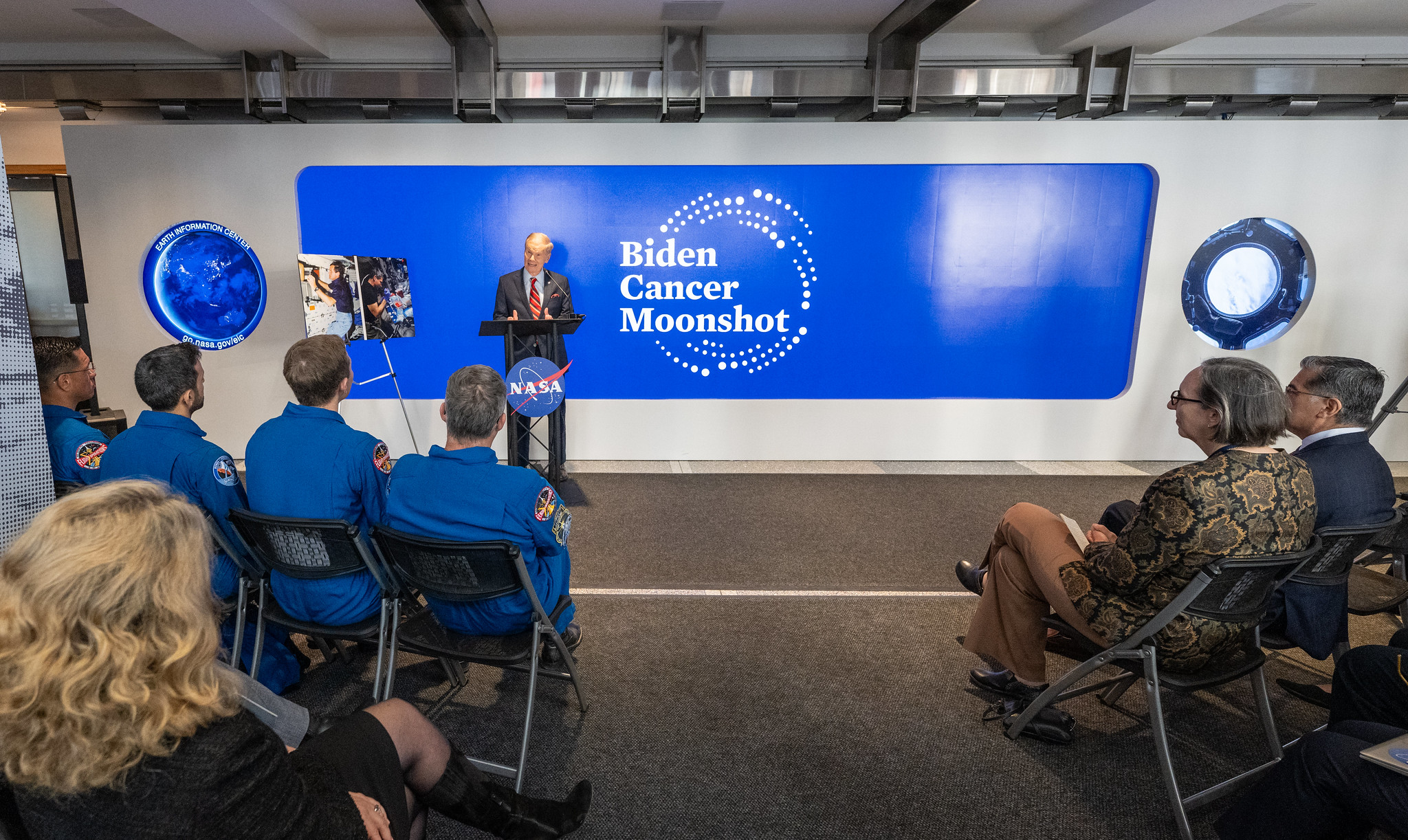 cancer moonshot.jpg NASA Administrator Bill Nelson delivers remarks to an audience that includes NASA astronauts during an event with Department of Health and Human Services Secretary Xavier Becerra to highlight how the agencies are making progress toward President Joe Biden and First Lady Jill Biden’s Cancer Moonshot initiative, March 21, 2024, in the Earth Information Center at the Mary W. Jackson NASA Headquarters building in Washington.