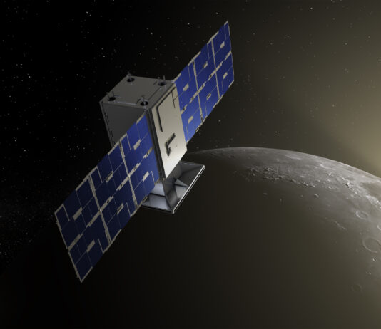 Silicon Valley’s 2024 NASA Highlights: A Year in Review The capstone spacecraft with solar panels open on either side is lit on one side by the sun which is peeking out in the background from behind the darkened Earth.