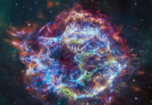 NASA’s XRISM Detects Chlorine, Potassium in Cassiopeia A This image of Cassiopeia A resembles a disk of electric light with red clouds, glowing white streaks, red and orange flames, and an area near the center of the remnant resembling a somewhat circular region of green lightning. X-rays from Chandra are blue and reveal hot gas, mostly from supernova debris from the destroyed star, and include elements like silicon and iron. X-rays are also present as thin arcs in the outer regions of the remnant. Infrared data from Webb is red, green, and blue. Webb highlights infrared emission from dust that is warmed up because it is embedded in the hot gas seen by Chandra, and from much cooler supernova debris. Hubble data shows a multitude of stars that permeate the field of view.