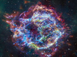 NASA’s XRISM Detects Chlorine, Potassium in Cassiopeia A This image of Cassiopeia A resembles a disk of electric light with red clouds, glowing white streaks, red and orange flames, and an area near the center of the remnant resembling a somewhat circular region of green lightning. X-rays from Chandra are blue and reveal hot gas, mostly from supernova debris from the destroyed star, and include elements like silicon and iron. X-rays are also present as thin arcs in the outer regions of the remnant. Infrared data from Webb is red, green, and blue. Webb highlights infrared emission from dust that is warmed up because it is embedded in the hot gas seen by Chandra, and from much cooler supernova debris. Hubble data shows a multitude of stars that permeate the field of view.
