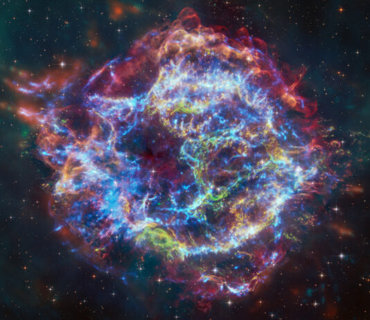 NASA’s XRISM Detects Chlorine, Potassium in Cassiopeia A This image of Cassiopeia A resembles a disk of electric light with red clouds, glowing white streaks, red and orange flames, and an area near the center of the remnant resembling a somewhat circular region of green lightning. X-rays from Chandra are blue and reveal hot gas, mostly from supernova debris from the destroyed star, and include elements like silicon and iron. X-rays are also present as thin arcs in the outer regions of the remnant. Infrared data from Webb is red, green, and blue. Webb highlights infrared emission from dust that is warmed up because it is embedded in the hot gas seen by Chandra, and from much cooler supernova debris. Hubble data shows a multitude of stars that permeate the field of view.