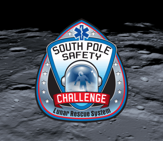Astronaut Safety Boosted by NASA’s Lunar Rescue System Challenge Challenge logo for the South Pole Safety challenge overlayed on an image of the lunar surface.