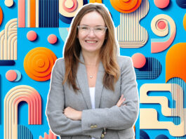 KPMG Canada’s Christine Andrew: Copilot Unlocks High-Value Impact A woman in front of a background of colors and shapes