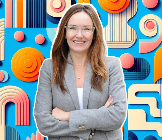 KPMG Canada’s Christine Andrew: Copilot Unlocks High-Value Impact A woman in front of a background of colors and shapes
