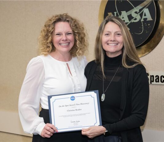 Introducing NASA’s Space Ops: Christine Braden Christine Braden receives an “On the Spot” award from Angela Hart, program manager for NASA’s Commercial Low Earth Orbit Development Program, in March 2024 (Credit: NASA/Helen Arase Vargas).