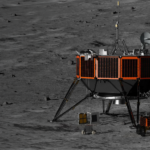 NASA chooses Intuitive Machines for Moon mission technology delivery. Rendering of the orange and black Nova-D lunar lander between two small lunar rovers on the dark gray surface of the Moon.