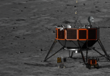 NASA chooses Intuitive Machines for Moon mission technology delivery. Rendering of the orange and black Nova-D lunar lander between two small lunar rovers on the dark gray surface of the Moon.