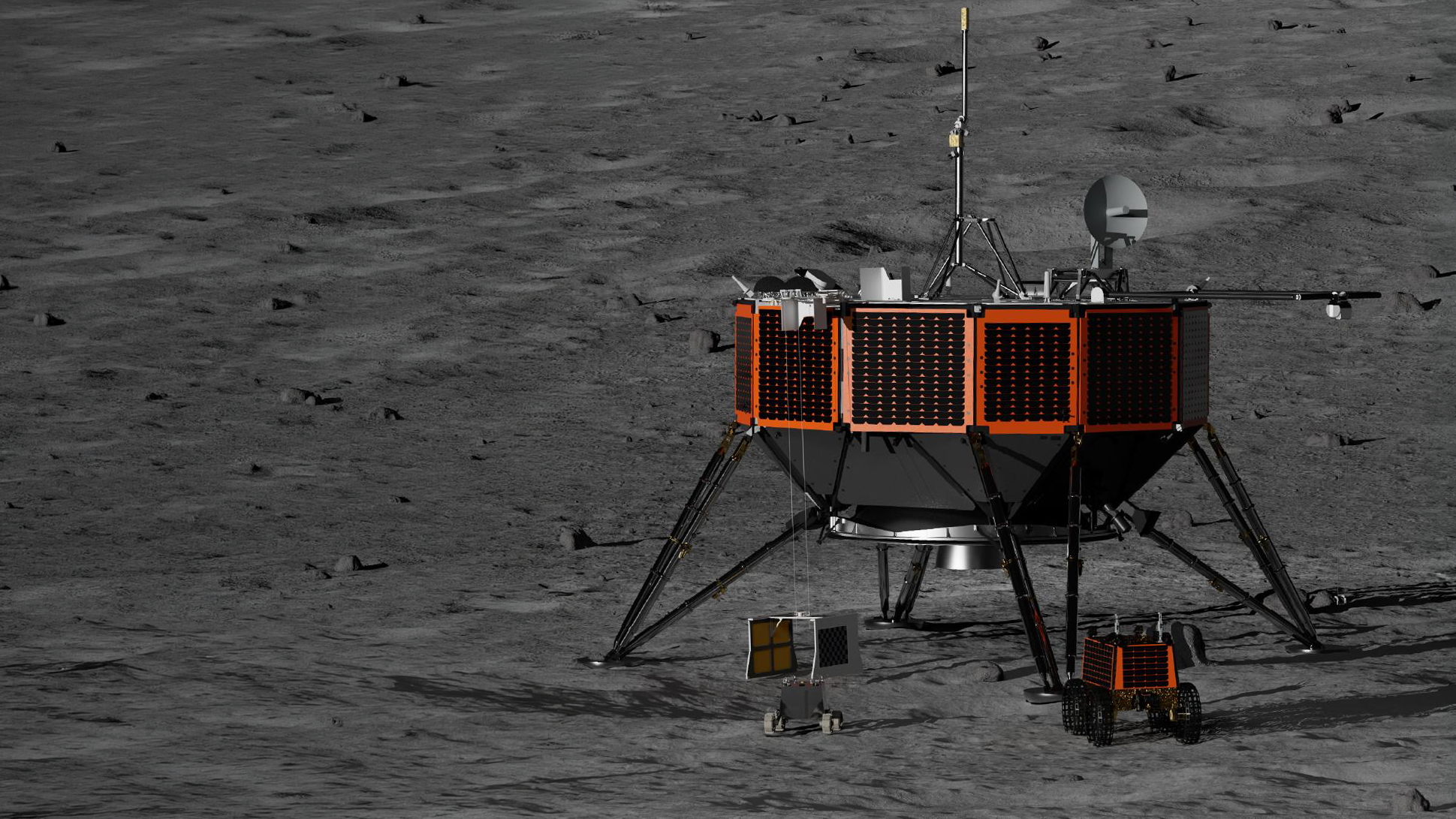 clps nova d 1.png Rendering of the orange and black Nova-D lunar lander between two small lunar rovers on the dark gray surface of the Moon.