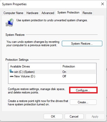 Configure - restore setting