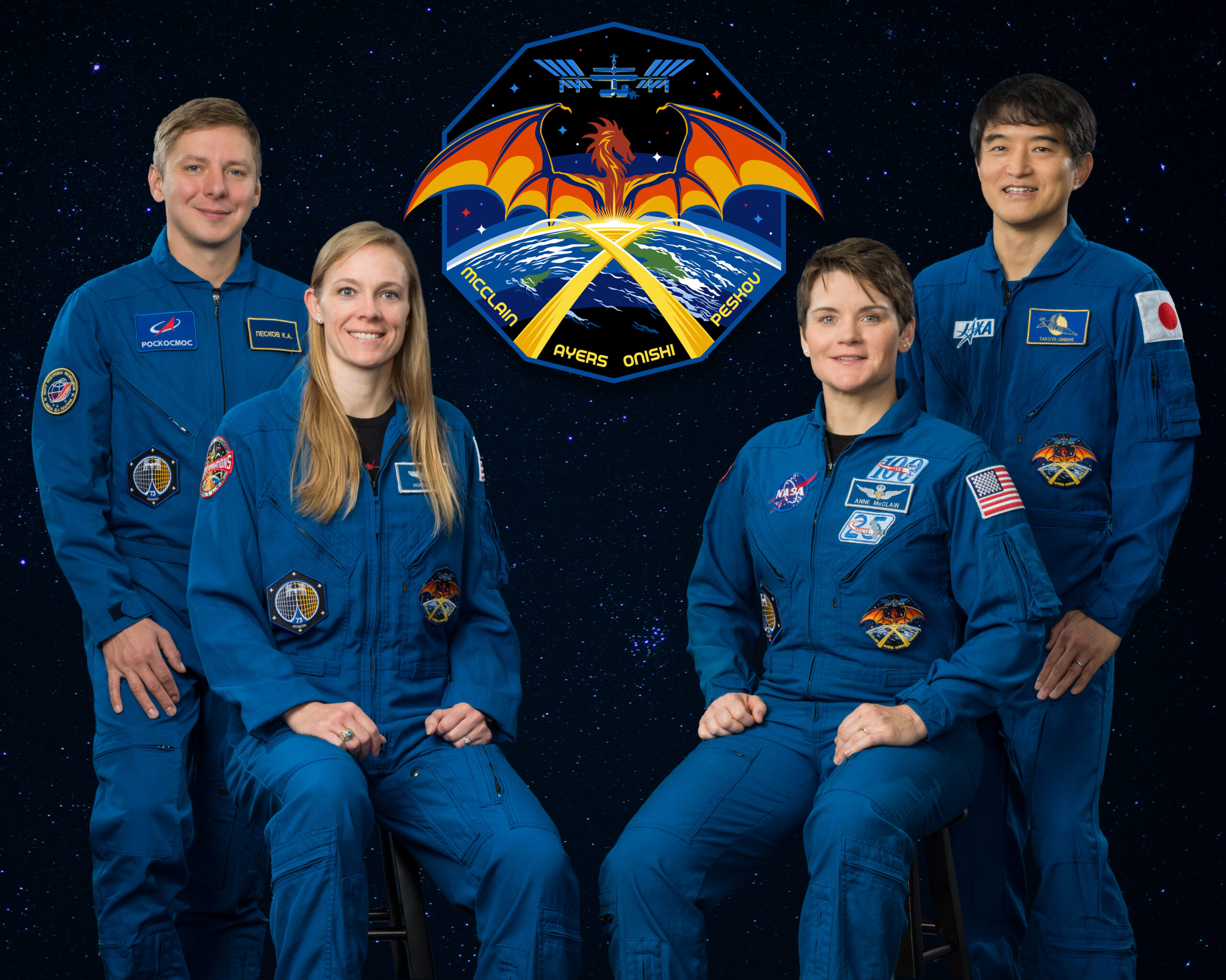 Official crew portrait for NASA’s SpaceX Crew-10 mission with NASA astronauts Anne McClain and Nichole Ayers, JAXA (Japan Aerospace Exploration Agency) astronaut Takuya Onishi, and Roscosmos cosmonaut Kirill Peskov.