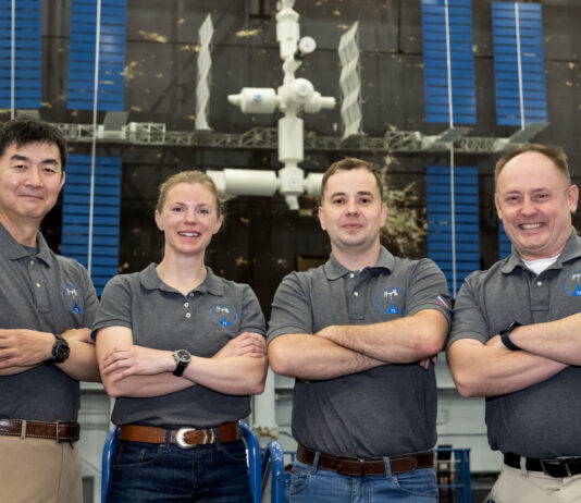 SpaceX Crew-11 Team Named for Upcoming NASA Mission NASA’s SpaceX Crew-11 members stand inside the Space Vehicle Mockup Facility at the agency’s Johnson Space Center in Houston. From left are Mission Specialist Kimiya Yui from JAXA (Japan Aerospace Exploration Agency), Commander NASA astronaut Zena Cardman, Mission Specialist Oleg Platonov of Roscosmos, and Pilot NASA astronaut Mike Fincke.