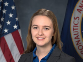 NASA Supports Research by Early Career Staff Portrait of Sylvie Crowell with an American flag and NASA flag partially shown behind her.