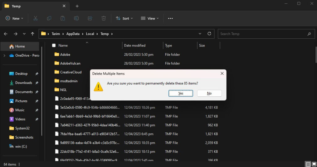 Delete Temp folder in Windows 11