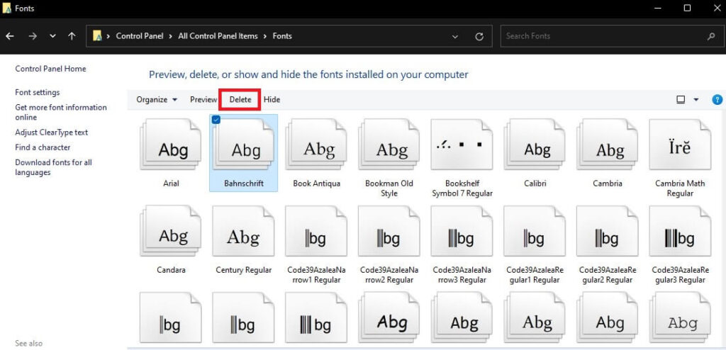 Uninstall Fonts Using Control Panel, Delete fonts from Control Panel