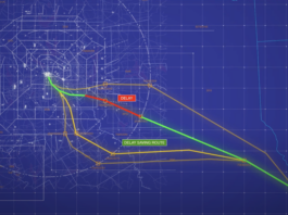 NASA’s New Cloud Platform Aims to Enhance Air Traffic Efficiency A computer display of a map shows several lines which represent possible air traffic routes for an airplane to follow.
