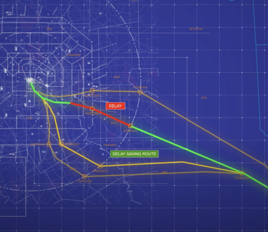 NASA’s New Cloud Platform Aims to Enhance Air Traffic Efficiency A computer display of a map shows several lines which represent possible air traffic routes for an airplane to follow.