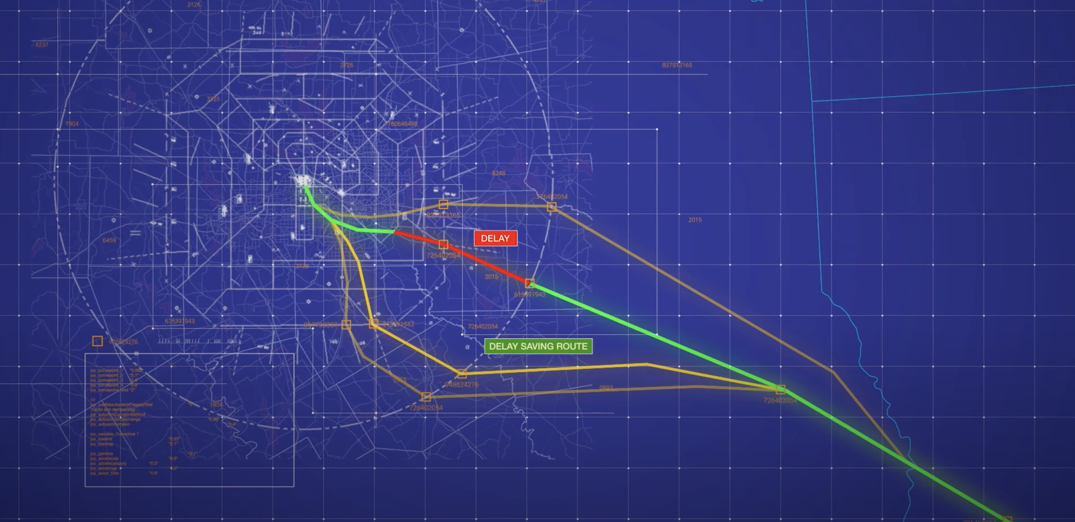 dip 1.png A computer display of a map shows several lines which represent possible air traffic routes for an airplane to follow.