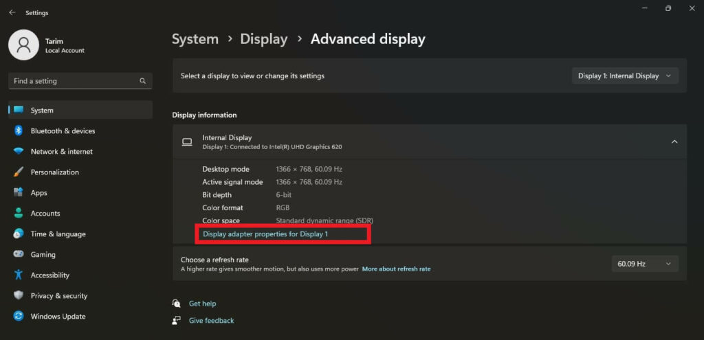 Display adapter properties for Display