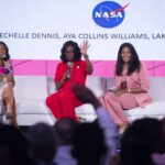 NASA Shines at 2024 ESSENCE Fest in New Orleans A 3-member panelists of women sit on a white sofa to lead Taking Up Space conversation at Essence Fest; The NASA meatball can be seen on the screen in the background