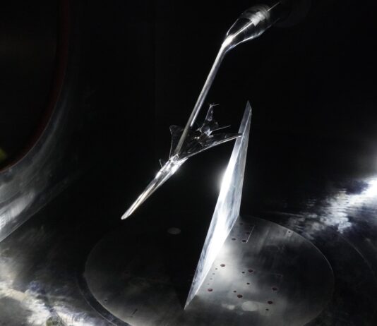 X-59 Model Examined in Japan’s Supersonic Wind Tunnel X-59 scaled model inside the JAXA supersonic wind tunnel.