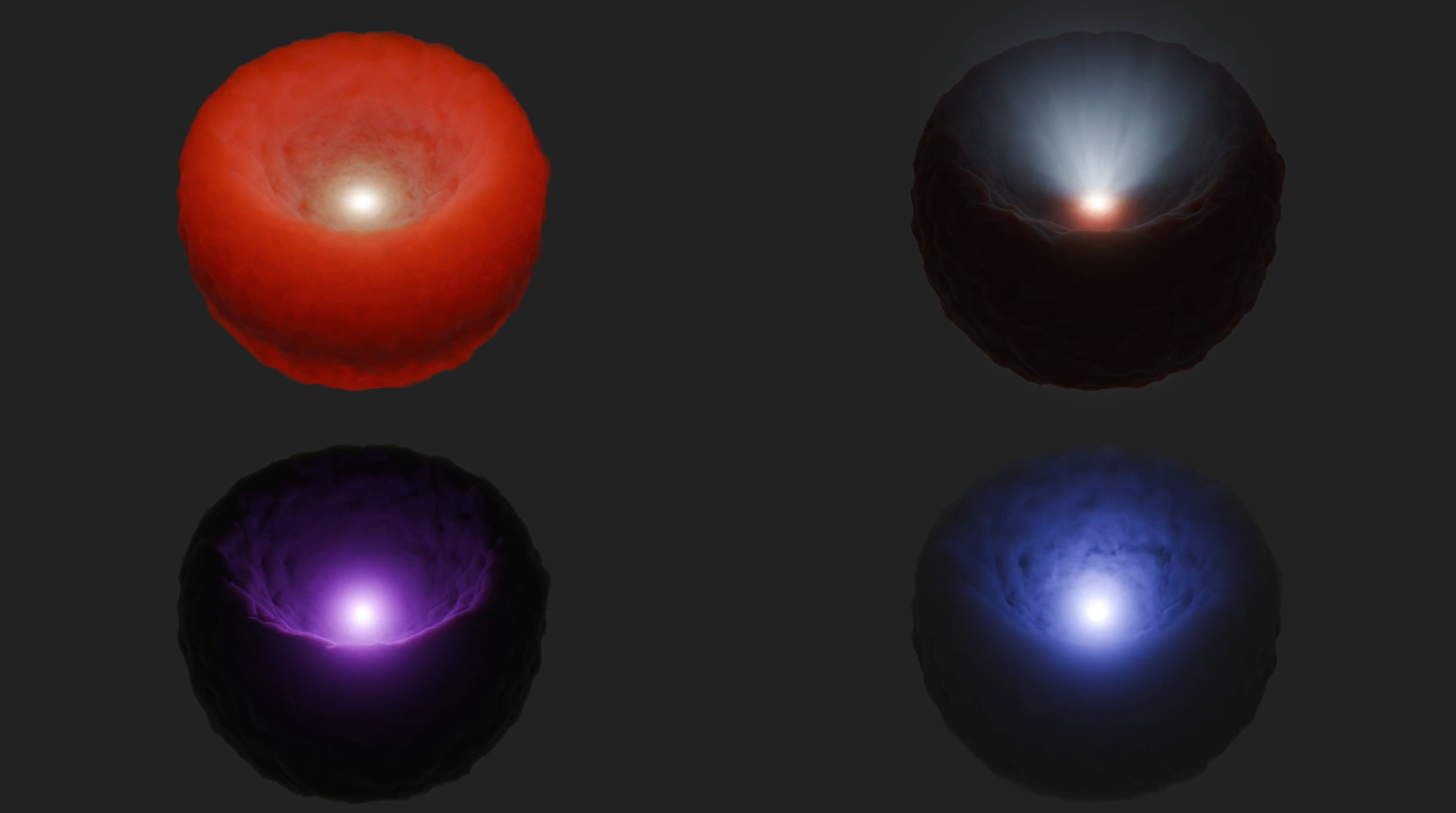 e1 four black hole obscuration.png A supermassive black hole surrounded by a torus of gas and dust is depicted in four different wavelengths of light