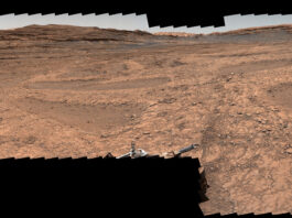 NASA’s Perseverance and Curiosity Showcase Stunning Mars Panoramas A series of shallow, sand-filled pits with low ridges spread across a tawny Martian landscape. Rover tracks stretch toward the horizon at left, and steep ridgetops loom in the background.
