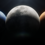 NASA Shares 2024 Moon to Mars Strategy Updates The Earth, Moon, and Mars depicted close together with dark space behind them in an illustration, lit from the top by the Sun.