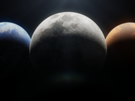 NASA Shares 2024 Moon to Mars Strategy Updates The Earth, Moon, and Mars depicted close together with dark space behind them in an illustration, lit from the top by the Sun.