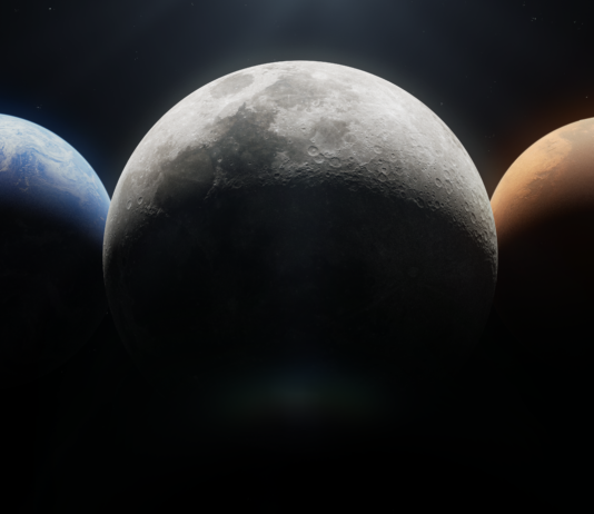 NASA Shares 2024 Moon to Mars Strategy Updates The Earth, Moon, and Mars depicted close together with dark space behind them in an illustration, lit from the top by the Sun.