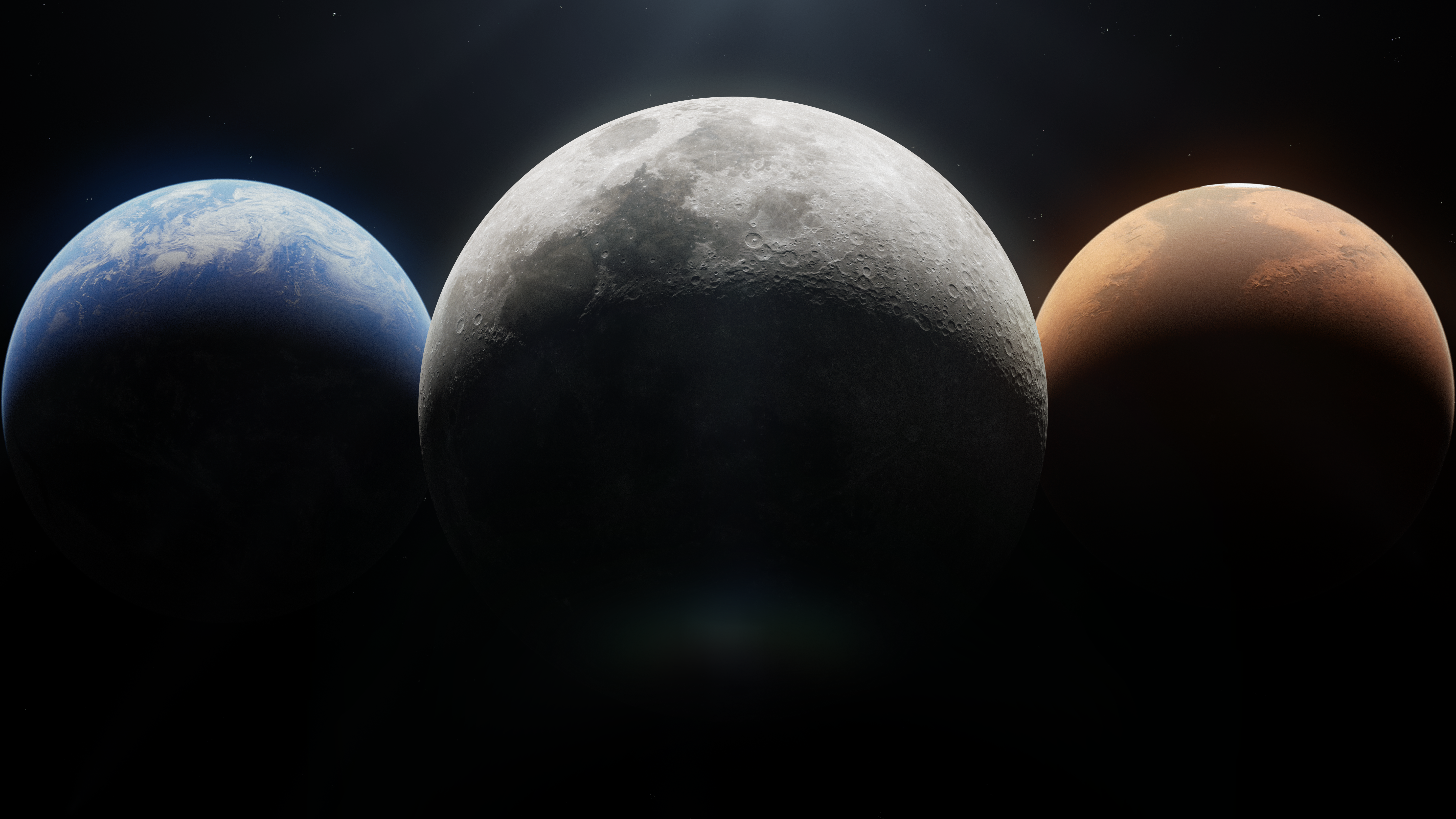 earthmoonmars trio image.png The Earth, Moon, and Mars depicted close together with dark space behind them in an illustration, lit from the top by the Sun.