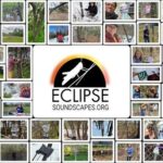 Eclipse Soundscapes Project Webinar: NASA Shares Initial Findings Collage of people participating in the Eclipse Soundscapes project, shown observing nature, collecting data, and interacting with the environment in various outdoor settings. At the center is the Eclipse Soundscapes logo, featuring a silhouette of a katydid against a black circle with a glowing orange and yellow rim, and the text