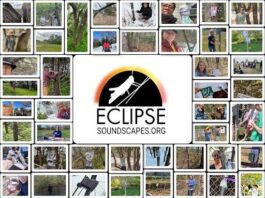 Eclipse Soundscapes Project Webinar: NASA Shares Initial Findings Collage of people participating in the Eclipse Soundscapes project, shown observing nature, collecting data, and interacting with the environment in various outdoor settings. At the center is the Eclipse Soundscapes logo, featuring a silhouette of a katydid against a black circle with a glowing orange and yellow rim, and the text