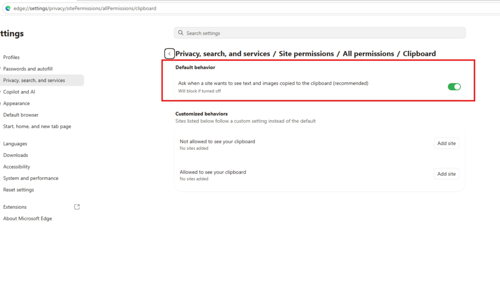 edge browser clipboard settings