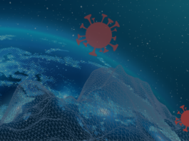 NASA Launches Breath Diagnostics Challenge to Innovate Health Tech Depiction of Earth from space with data models in the foreground, as well as two Covid-19 viruses.