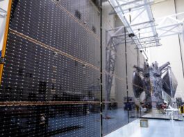 Media Invited to NASA’s Europa Clipper Launch Event A close up image of a set of massive solar arrays measuring about 46.5 feet (14.2 meters) long and about 13.5 feet (4.1 meters) high on NASA’s Europa Clipper spacecraft inside the agency’s Payload Hazardous Servicing Facility at Kennedy Space Center in Florida.
