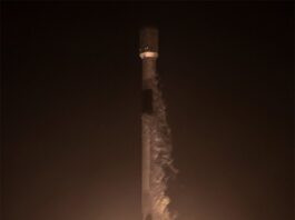 NASA’s EZIE Begins Mission to Explore Earth’s Electrojets : A rocket lifts off from a launch pad at night, with the scene lit by rocket’s bright trail. Clouds of vapor billow out on the ground and from the rockets upper half.
