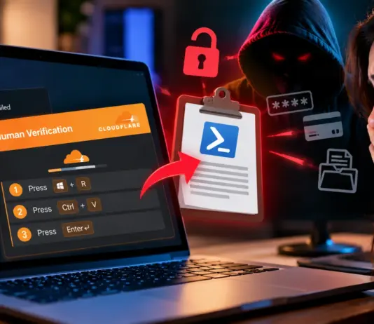 Fake Cloudflare CAPTCHA Scam: How a Website Can Copy a Dangerous PowerShell Command to Your Clipboard Fake Cloudflare CAPTCHA scam tricking users into running a malicious PowerShell command