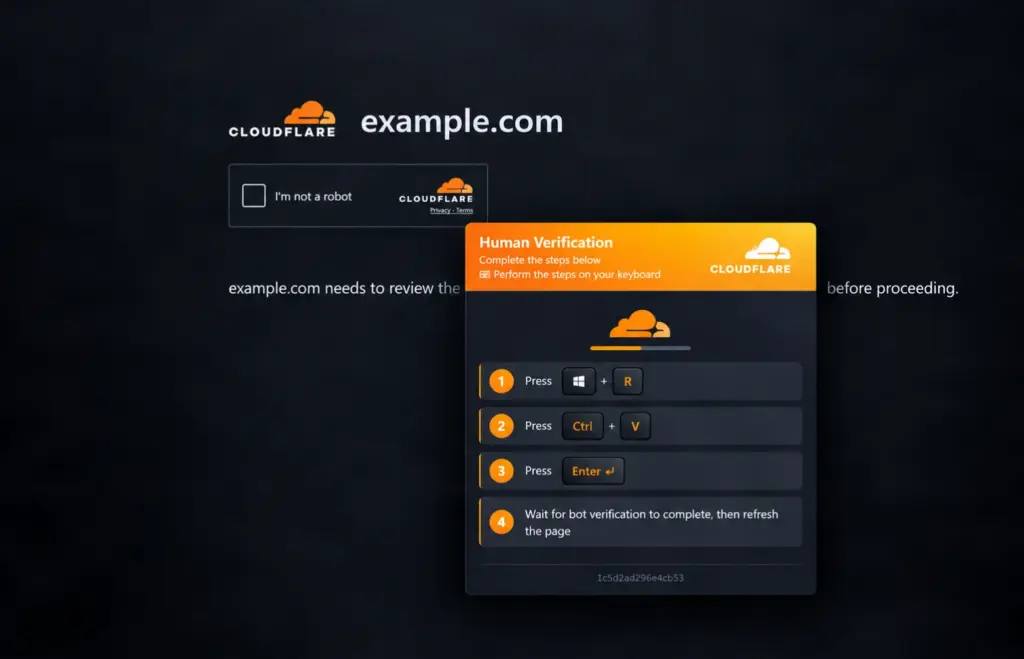 A fake human-verification screen instructs the visitor to paste and execute a command. A legitimate CAPTCHA should not require users to run commands in Windows PowerShell or the Run dialog.