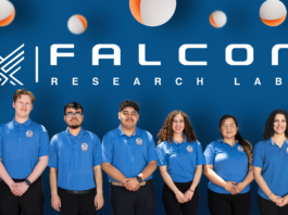 Community College Project Wins NASA University Research Program Grant Six people, including community college students, in blue shirts stand in front of a blue background with white text and graphics.