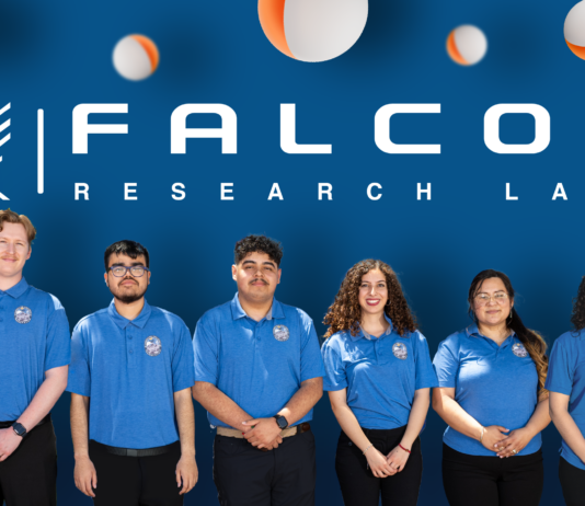 Community College Project Wins NASA University Research Program Grant Six people, including community college students, in blue shirts stand in front of a blue background with white text and graphics.